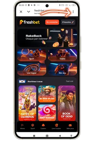 Freshbet Android menu Chrome trois points