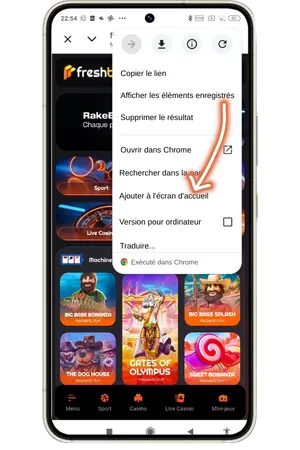 Freshbet ajouter écran accueil Android Chrome