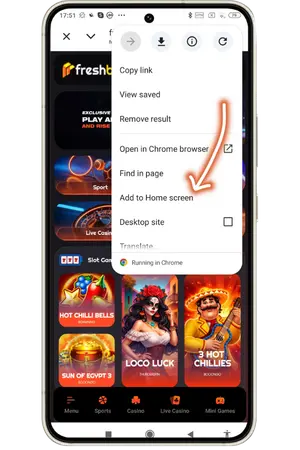 Freshbet Add to Home screen option Android Chrome