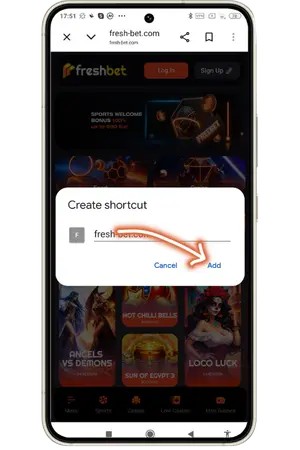 Freshbet Create shortcut popup Android Chrome