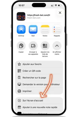 Freshbet ajouter écran accueil iOS Safari liste