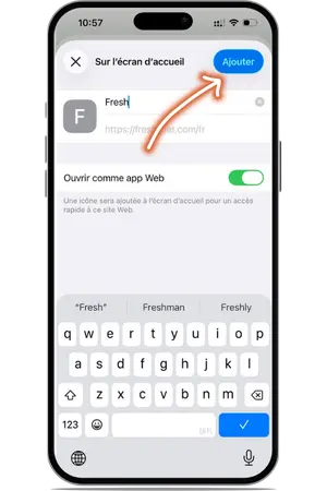 Freshbet confirmation nom raccourci popup iPhone
