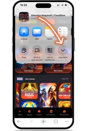iOS Safari share sheet View More Freshbet